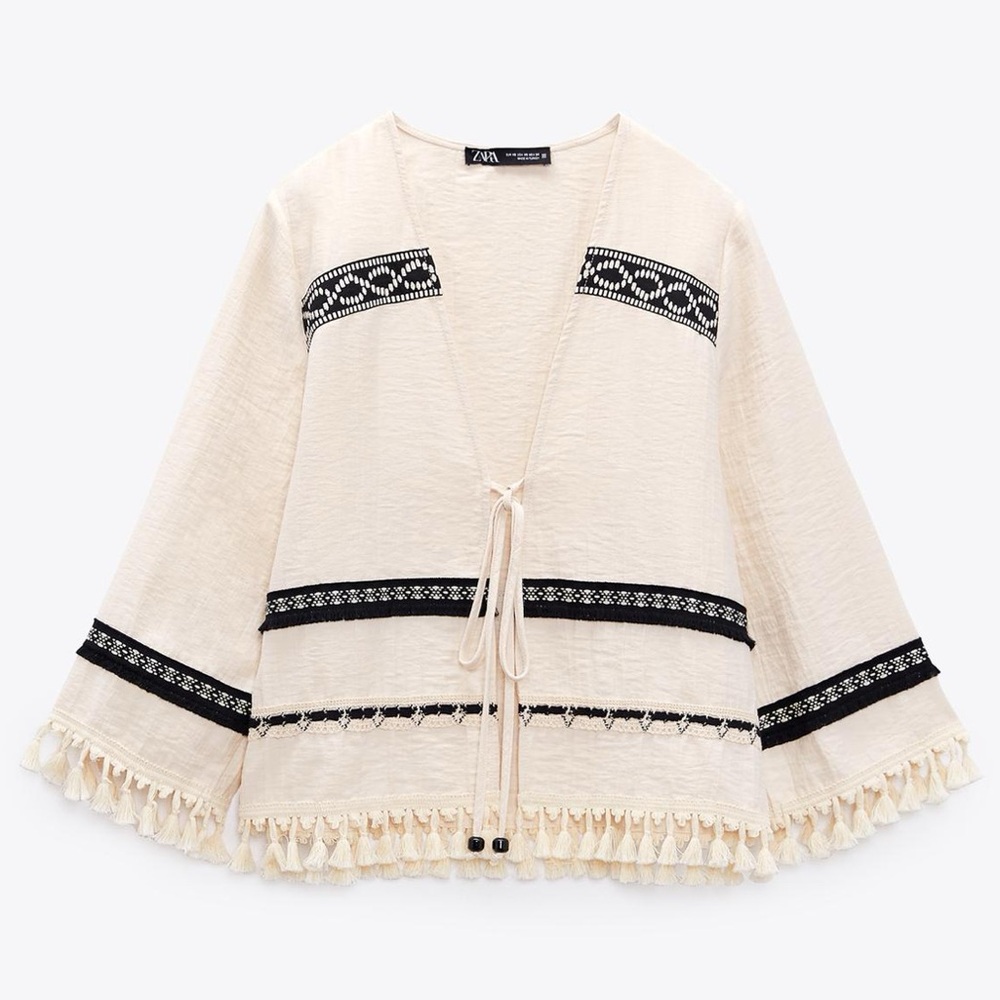 NWT Zara Ivory and Black Tassel Front Tie Cardigan
